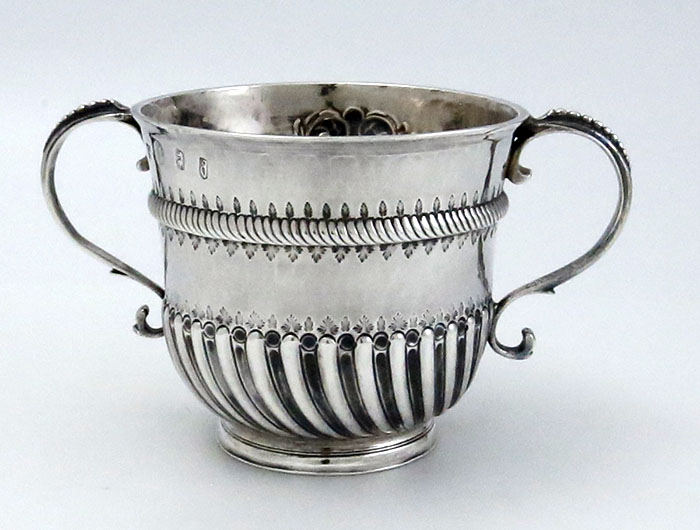 antique English Britannia silver two handled cup Queen Anne 
