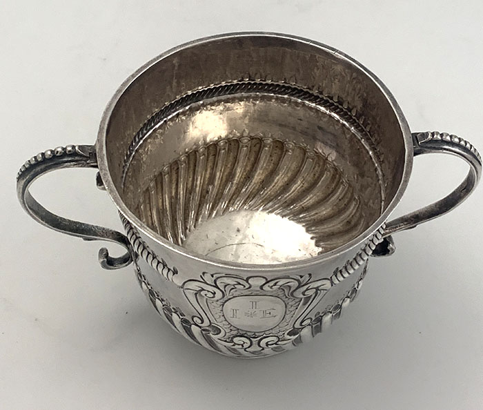 English antique silver Britannia standard two handle cup Queen Anne 