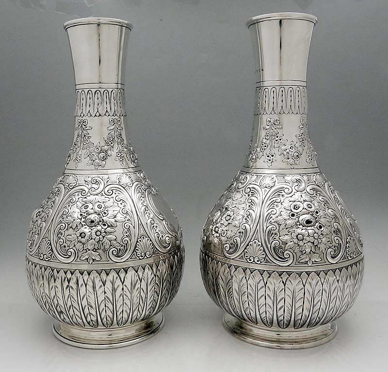 Scottish antique silver pair of large chased vases 