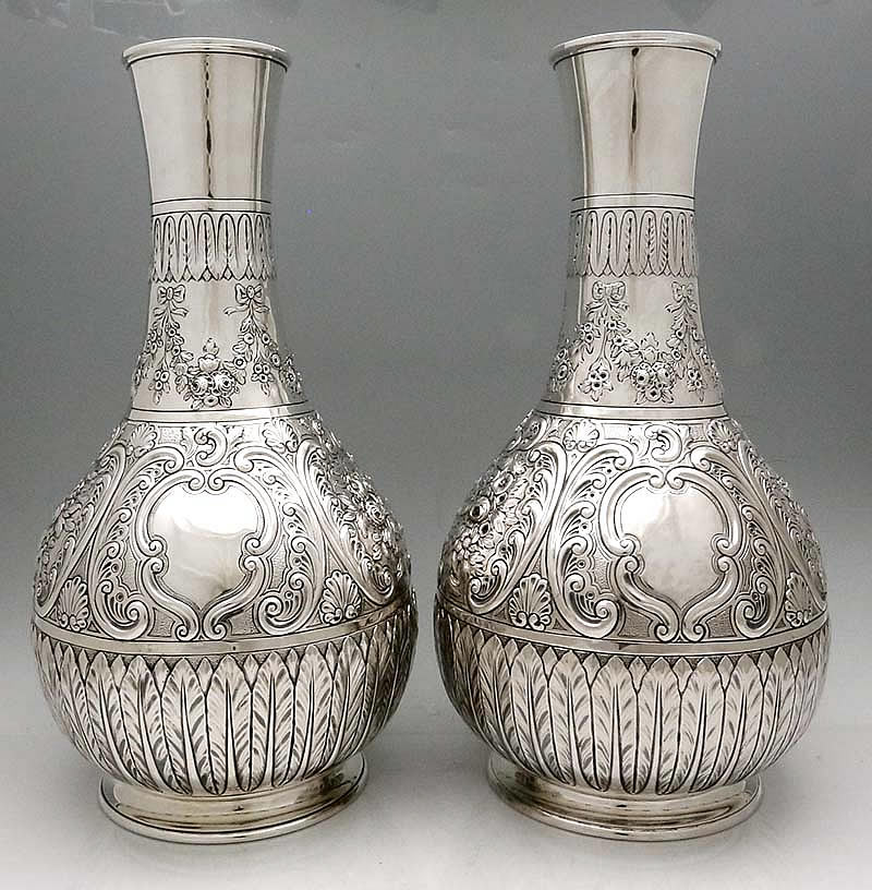 Scottish antique silver pair of large chased vases 