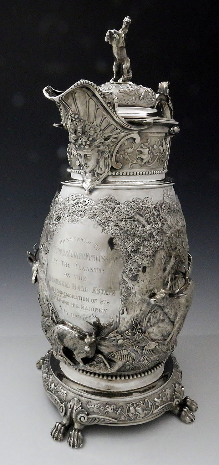 English antique silver flagon with applied stags