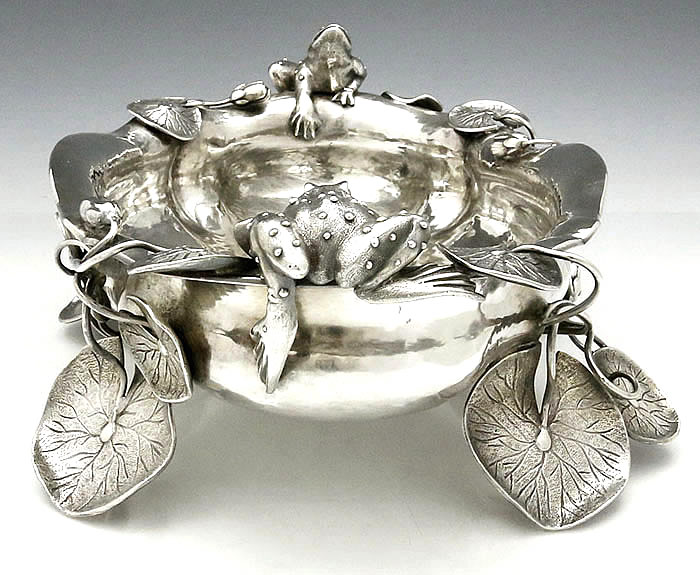 side view of German antique sterling bowl applied frogs and lily pads