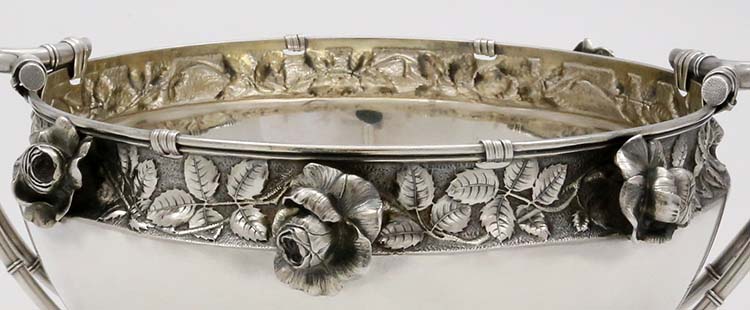 detail of Gorham antique sterling silver bowl with roses