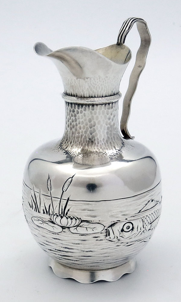 Gorham antique sterling cream pitcher with fish and pond plants