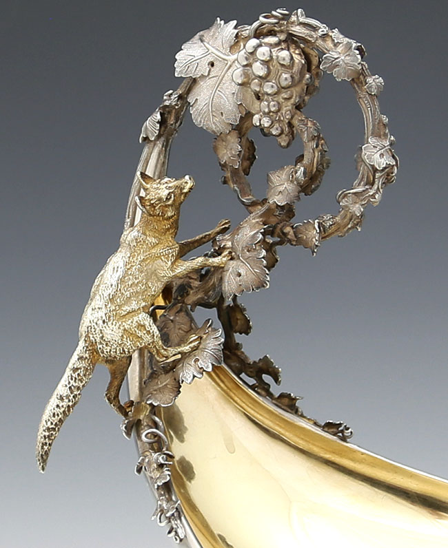 detail of silver gilt sterling fox on grape vine