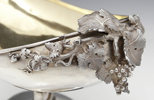 grape vines and leaves on front of Gorham sterling silver centerpiece bowl