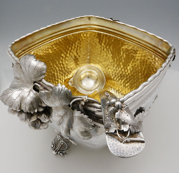 top view showing gold washed interior of Gorham punch bowl and ladle