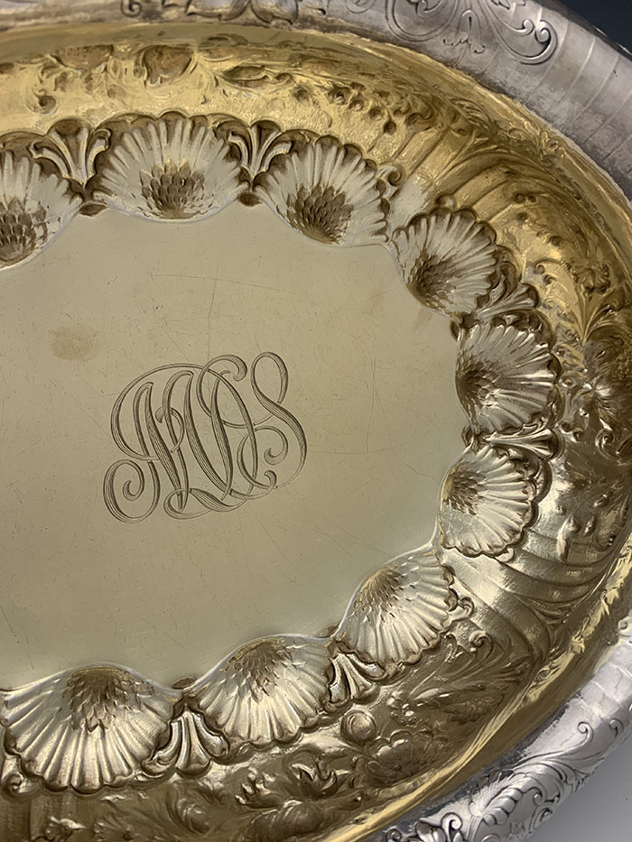 interior of Gorham antique sterling silver gold washed bowl footed