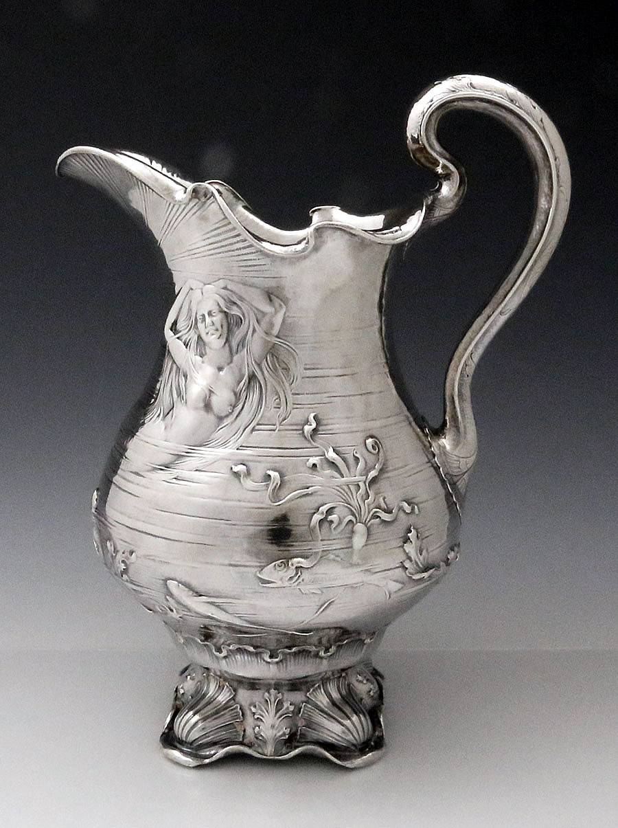 Gorham Martele silver pitcher with chased fish and mermaid