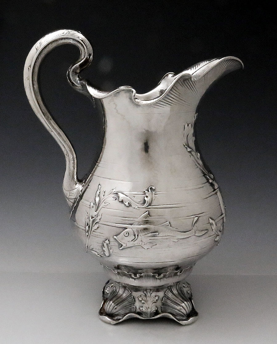 Goirham Martele antique  1903 pitcher with chased fish and mermaid