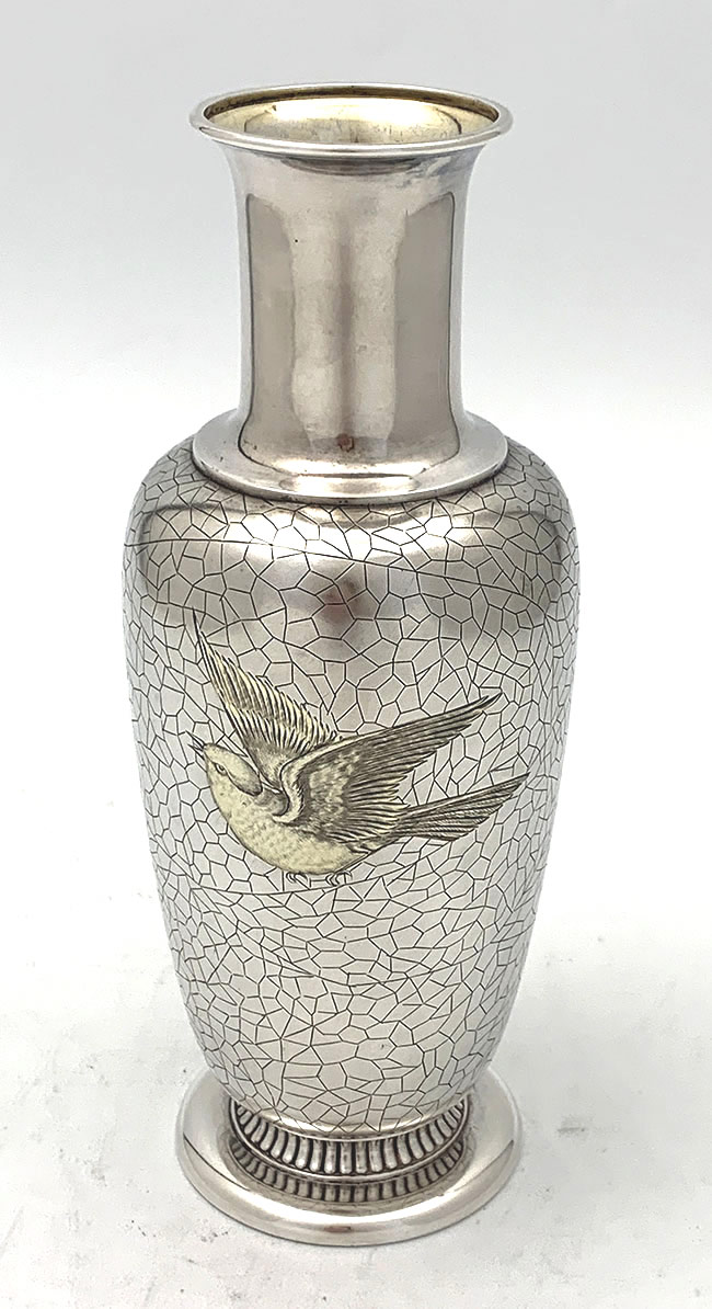 Gorham antique sterling silver vase with engraved bird