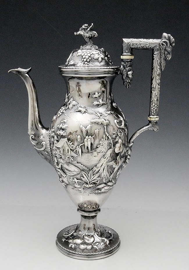 Tall sterling silver landscape pot by Samuel Kirk & Son