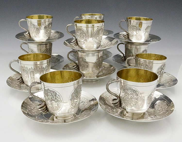 P Orr & Sons antique silver Indian cups and saucers 12