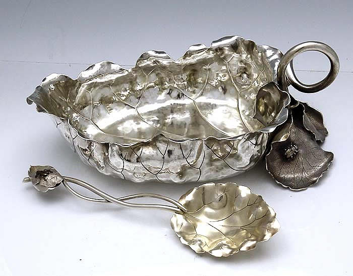 Shiebler leaf antique sterling bowl with spoon and applied bug