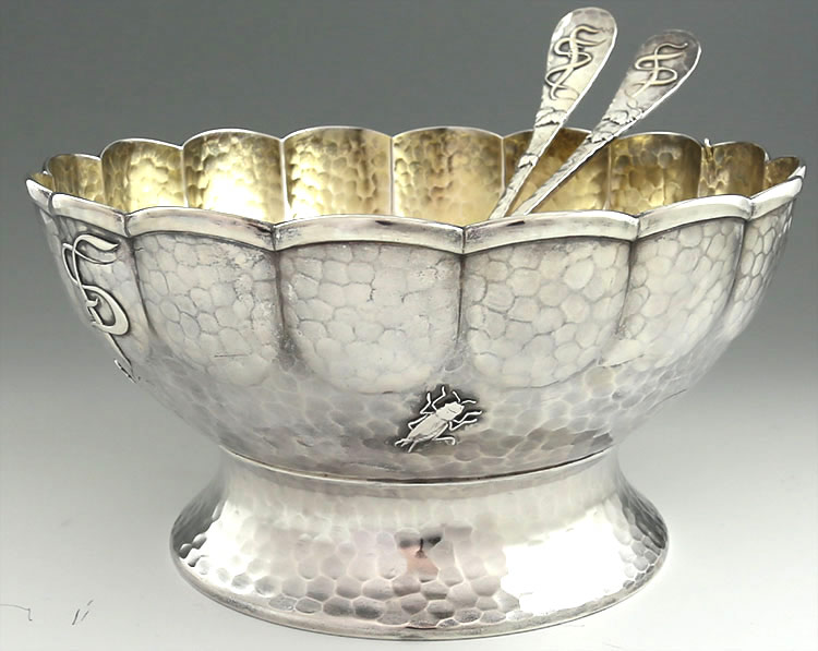 Tiffany antique sterling hammered salad bowl with matching salad servers circa 1880