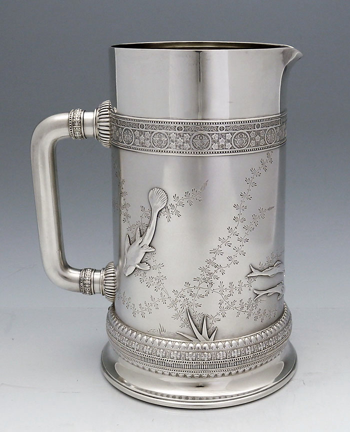 Tiffany antique sterling Japonesque tall pitcher with applied fish 