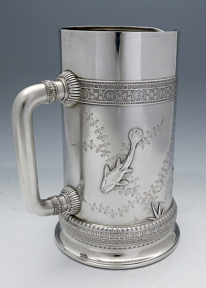 Tiffany antique sterling Japonesque tall pitcher with applied fish 