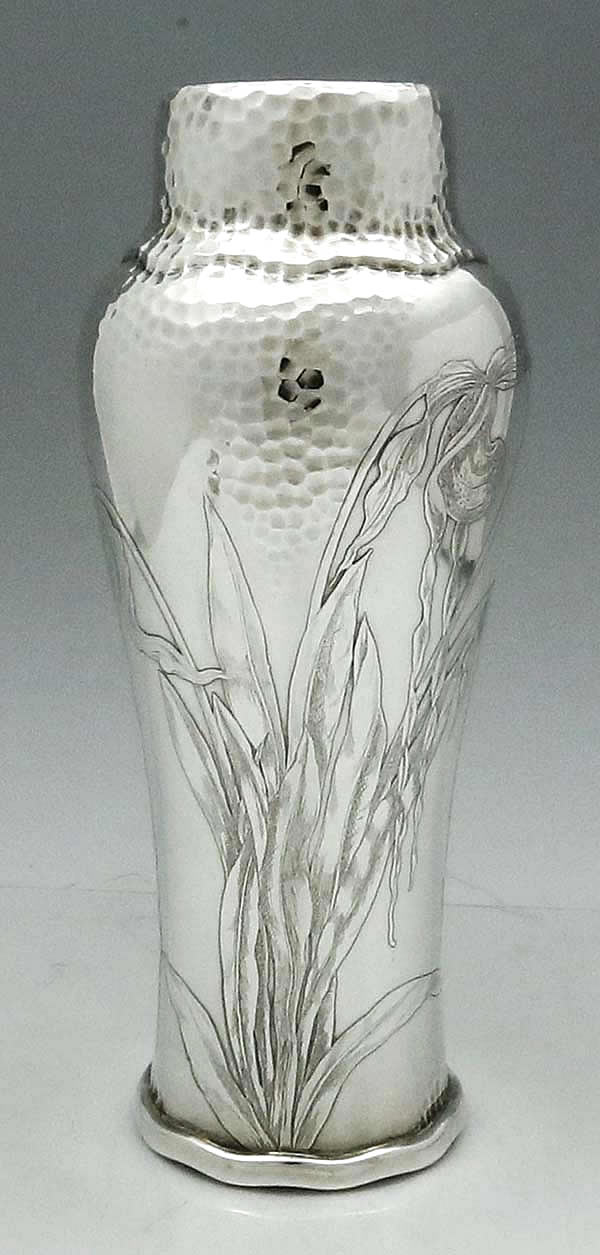 Unusual Tiffany antique sterling hammered and etched vase
