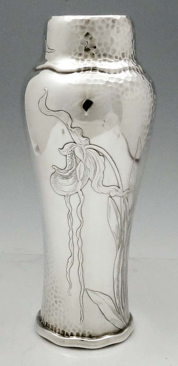 large etched iris on Tiffany antique sterling silver vase
