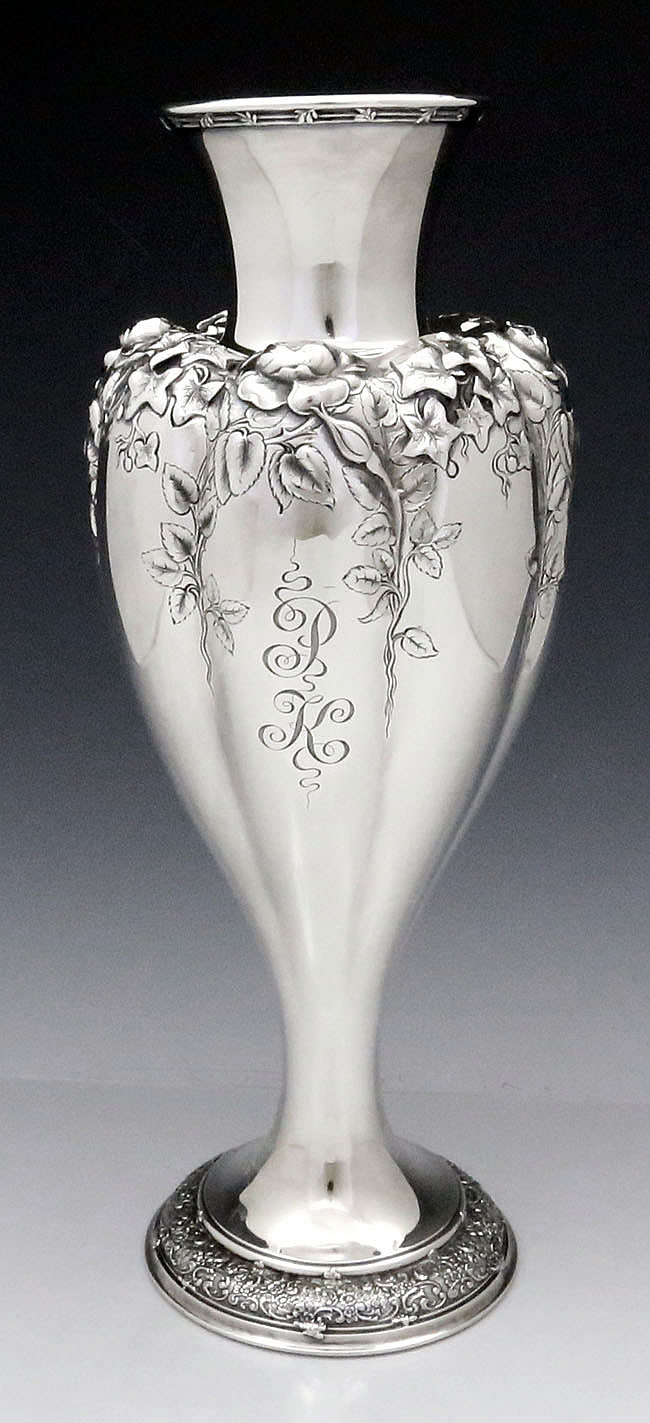 Large Tiffany sterling silver vase with roses and ivy vines