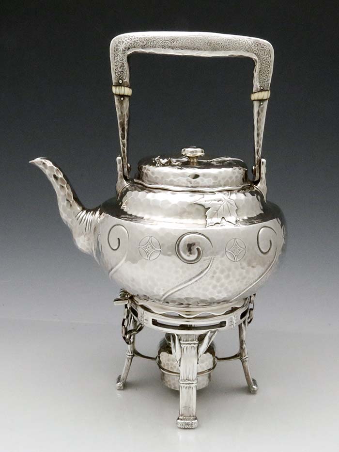 antique sterling silver kettle on stand by Tiffany & Co with applied frogs bamboo feet