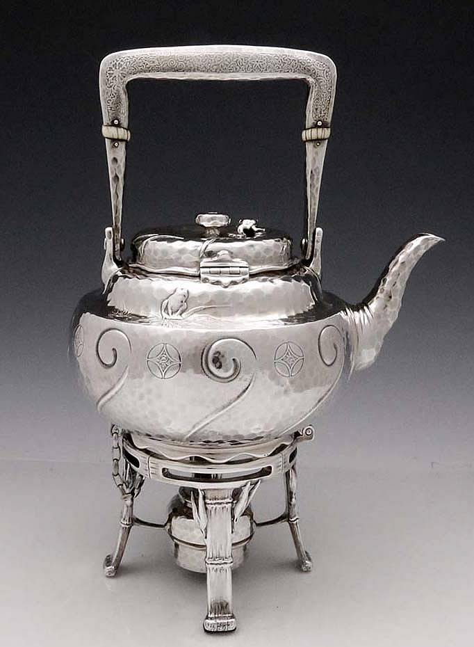 rare Tiffany antique sterling silver kettle on stand with applied frogs Japonisme