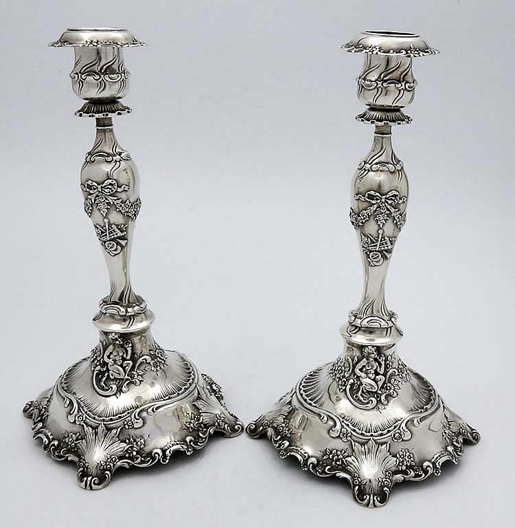 antique sterling Tiffany pair of putti candlesticks with engraved crest