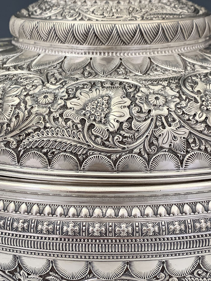 detail of Indian chasing on Tiffany tureen