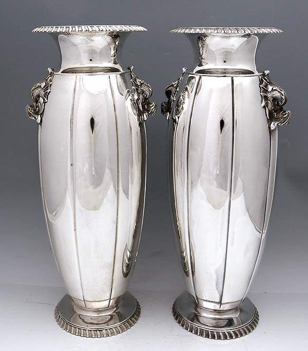 Pair of Tuttle art deco tall vases sterling silver fish handles
