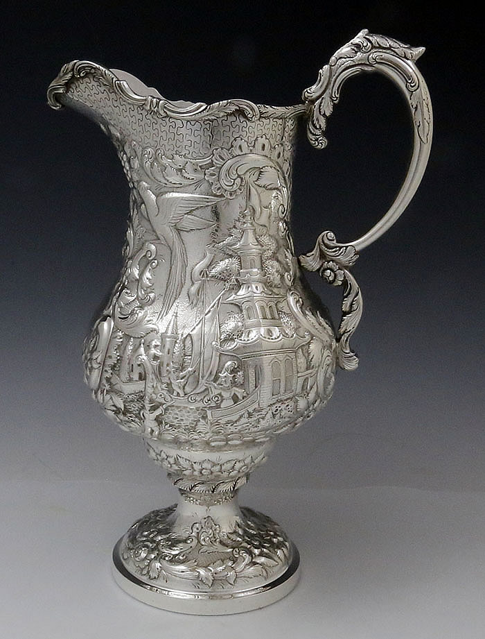 A E Warner antique coin silver landscape pitcher