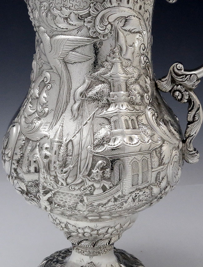 Chinese pagoda on landscape A E Warner coin silver pitcher