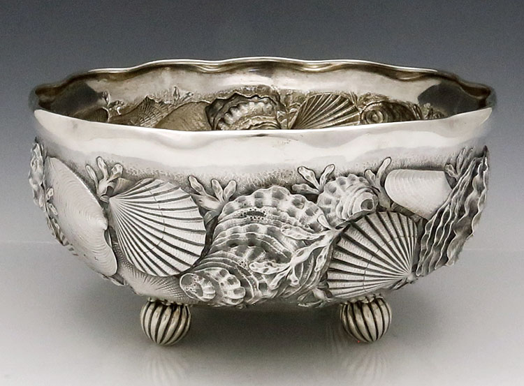 rare Whiting antique sterling bowl chased with shells and seaweed