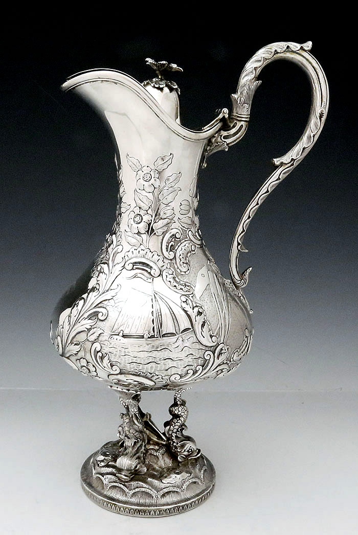 antique coin silver wine jug William F Ladd New York Neptune