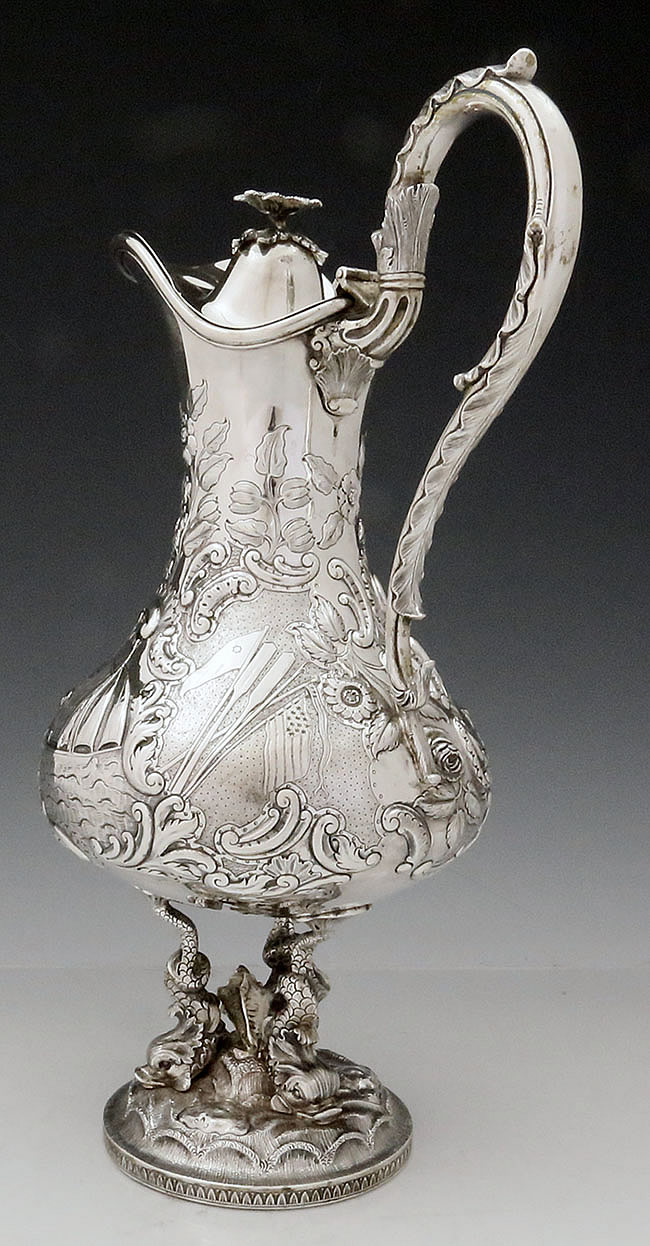 William F Ladd antique American coin silver wine jug with Neptune