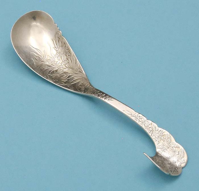 Shiebler acid etched antique sterling preserve spoon
