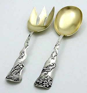 rare Shiebler antique sterling salad set with applied marine lobster crab seahorse anbd fish crab