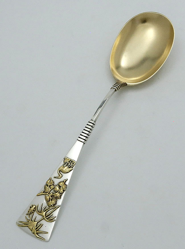 George Shiebler large serving spoon with Japanese applied motifs