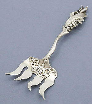 Sheibler antique sterling silver sardine fork with seaweed fish and octopus