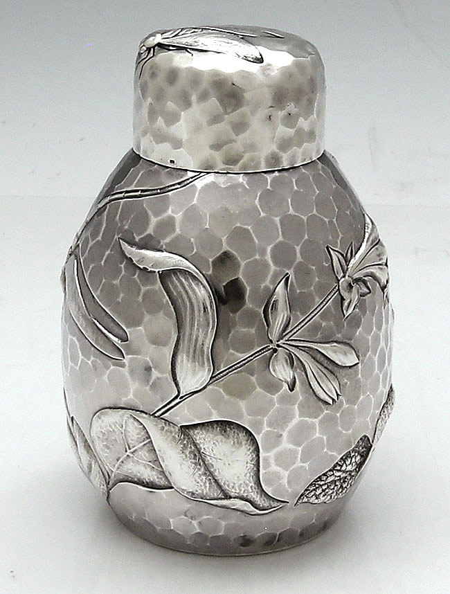 Dominick and Haff antique sterling silver tea caddy pond pattern circa 1880 