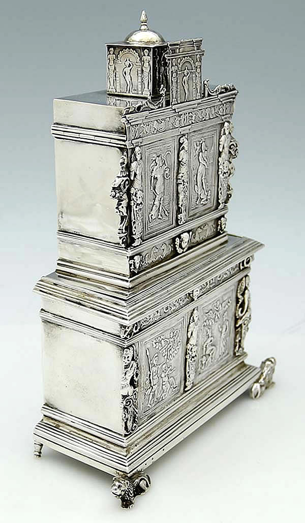 Side view of antique Dutch silver tea caddy