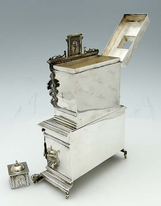 rear of Dutch silver double tea caddy in shape of cabinet