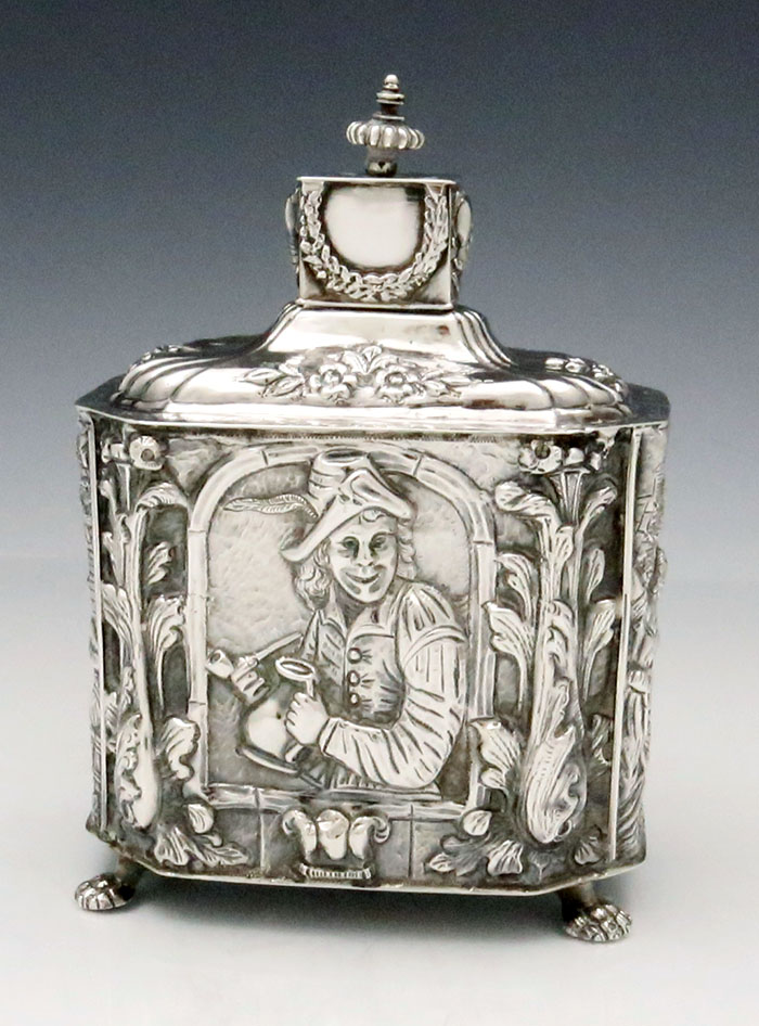 Netherlands antique silver large repousse tea caddy