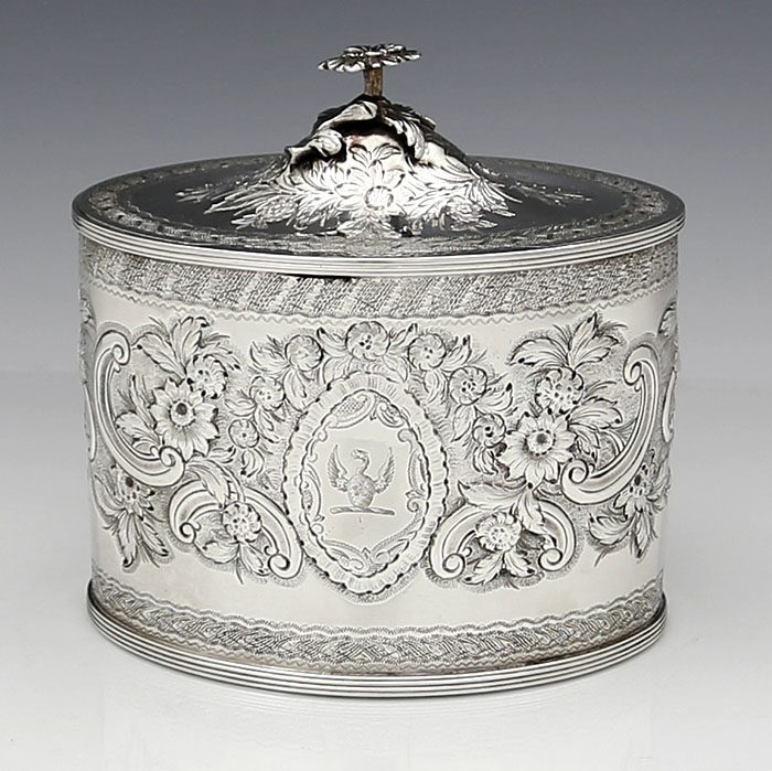 English silver tea caddy London 1788 Henry Chawner engraved crests