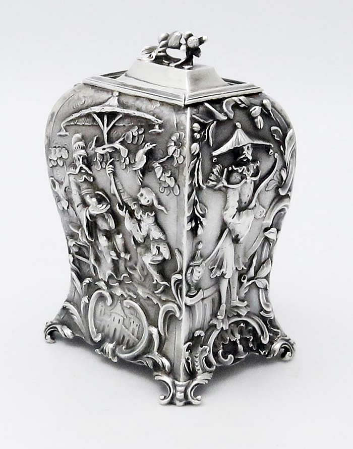 rare English antique silver tea caddy with Chinese figures