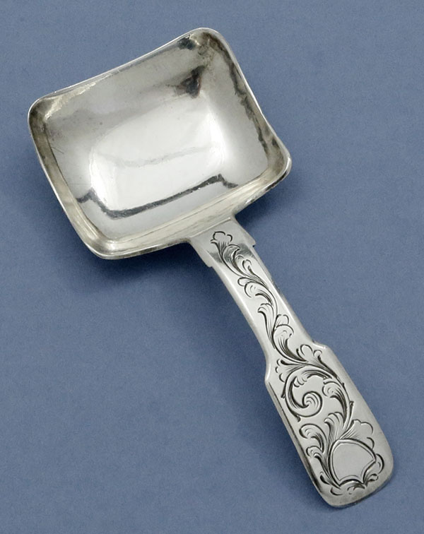 English engraved tea caddy spoon Birmingham Victorian