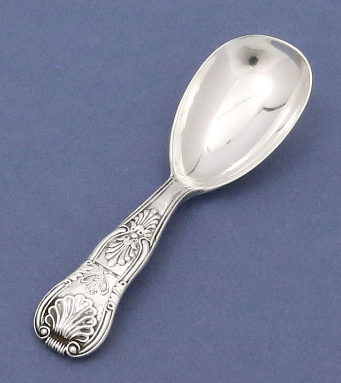 English antique silver tea caddy spoon King's pattern with engraved crest