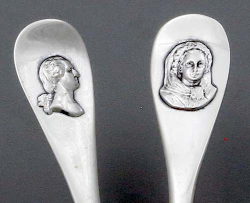 detail of George & Martha Washington on handles of tea caddy spoons