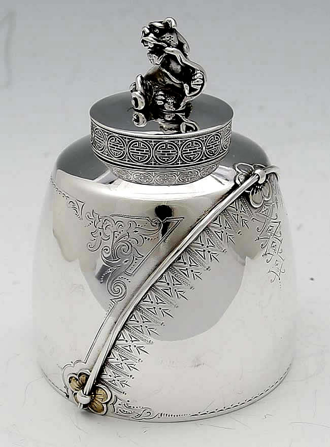 Gorham antique sterling tea caddy with foo dog finial