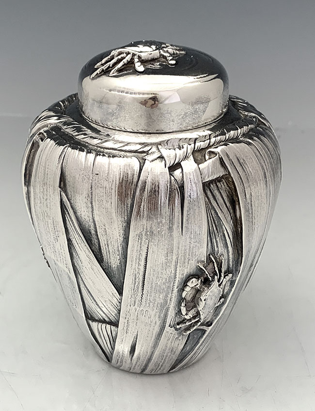 Gorham antique sterling silver tea caddy crabs and a dragon