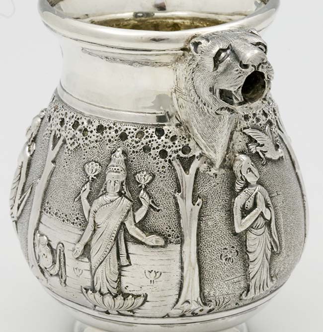 lion spout Indian silver cream jug by P Orr